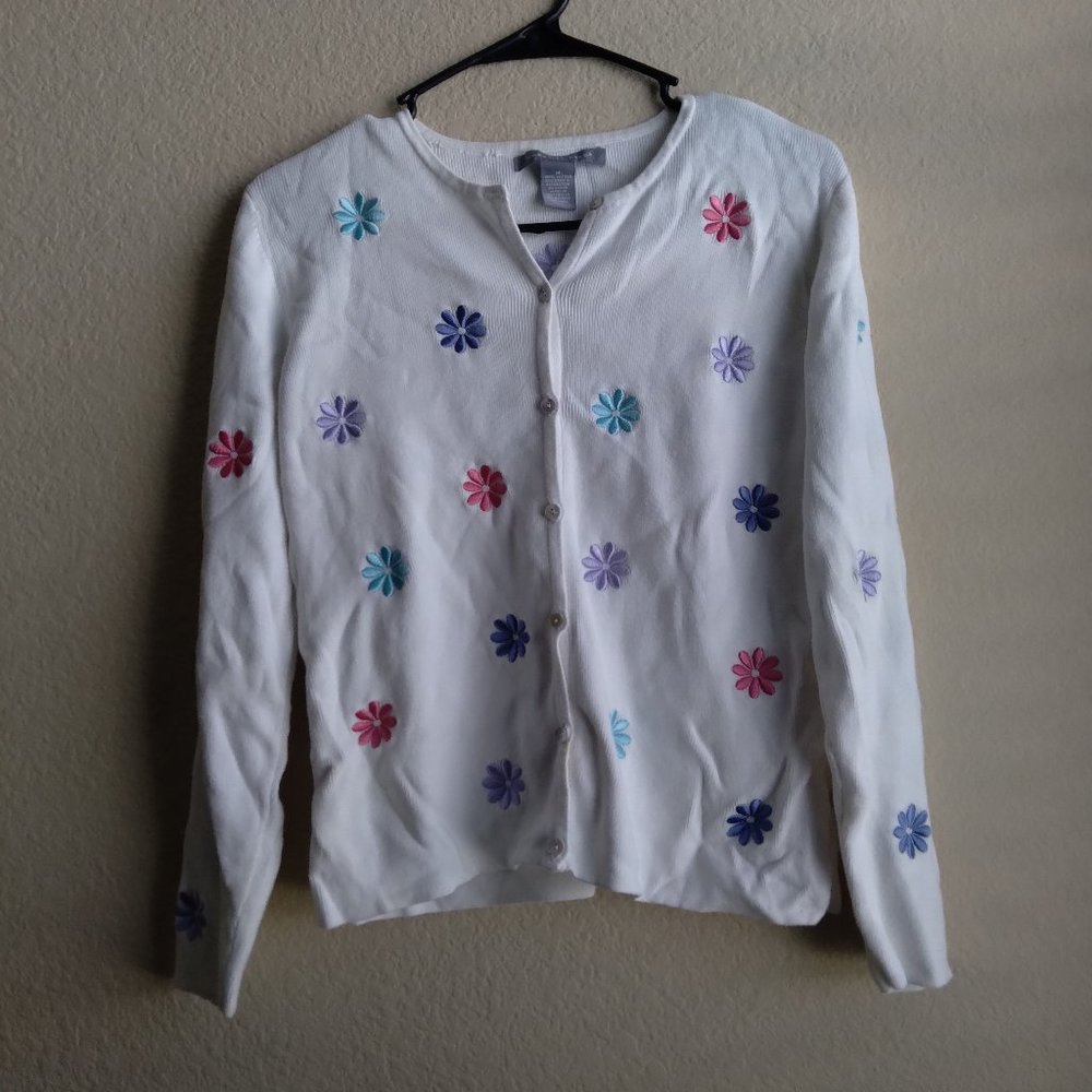 Vintage Carroll Reed White Colorful Embroidered Floral Cardigan Size Medium
